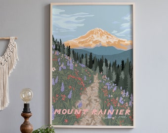Mount Rainier National Park, Washington / Illustrated National Parks Poster / Washington State, Pacific Northwest Art Print, United States