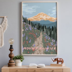 Parc national du Mont Rainier, Washington / Poster illustré des parcs nationaux / État de Washington, impression d'art du nord-ouest du Pacifique, États-Unis