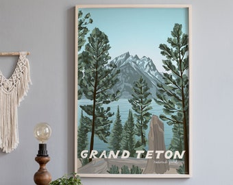 Grand Teton National Park Poster / Grand Tetons, Wyoming Art Print / National Parks Wall Art Vintage Style, Mountains