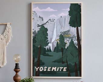 Yosemite National Park Poster, Yosemite Falls Art Print, Illustrated California Travel Wall Art