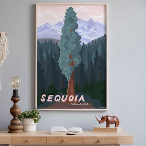 Impresión de arte del Parque Nacional Sequoia, cartel del Parque Nacional Sequoia, impresión de árbol de Sequoia, impresión de árbol de secuoya, cartel del bosque nacional de Sequoia