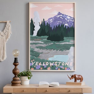 Poster del Parco Nazionale di Yellowstone, Yellowstone Art Print, Wyoming, Illustrato immagine 1