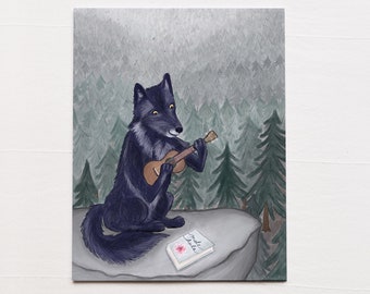 Wolf Playing Ukulele, Wolf Dreaming of Hawaii, Cute Animal Wall Art, Forest Art Print, Illustrated Print, Whimsical Art, Kids Room decor