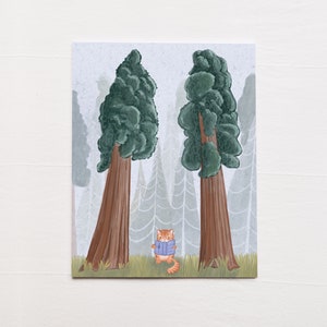 May include: A digital illustration of a red cat wearing a blue jacket standing in a forest of tall green trees with brown trunks. The background is a light gray color.