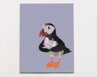 Arctic Puffin with Flowers Purple Art Print / Cute Bird Wall Art / Puffin with Flowers Wall Art