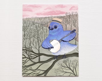 Bluebird with Banjo Wall Art / Folk Art Print / Bluegrass Wall Art / Cute Bird Poster