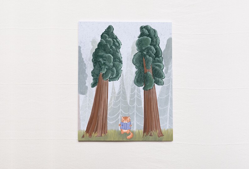 May include: A digital illustration of a red cat wearing a blue jacket standing in a forest of tall green trees with brown trunks. The background is a light gray color.