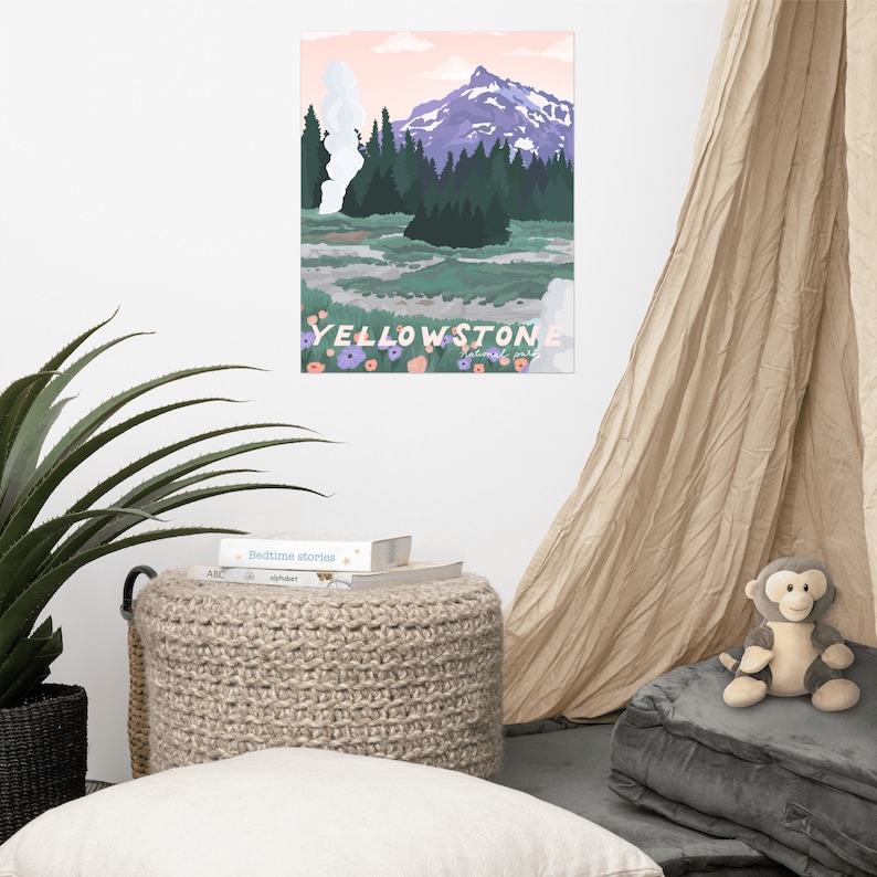 Poster del Parco Nazionale di Yellowstone, Yellowstone Art Print, Wyoming, Illustrato immagine 2