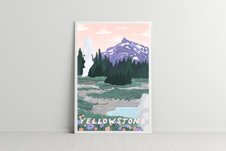 Poster del Parco Nazionale di Yellowstone, Yellowstone Art Print, Wyoming, Illustrato immagine 3