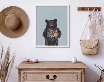 Cute Bear Wall Art, Bear with Flowers Art Print, Kids Room Wall Art, Bear Illustration, Cute Animal Wall Art, Nursery Room Wall Decor