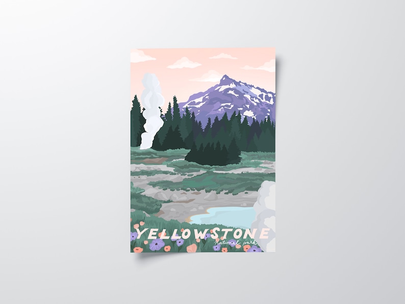 Poster del Parco Nazionale di Yellowstone, Yellowstone Art Print, Wyoming, Illustrato immagine 7