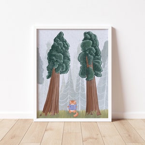 May include: A digital illustration of a red cat wearing a blue sweater standing between two tall, green trees in a foggy forest.