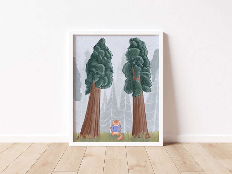 May include: A digital illustration of a red cat wearing a blue sweater standing between two tall, green trees in a foggy forest.