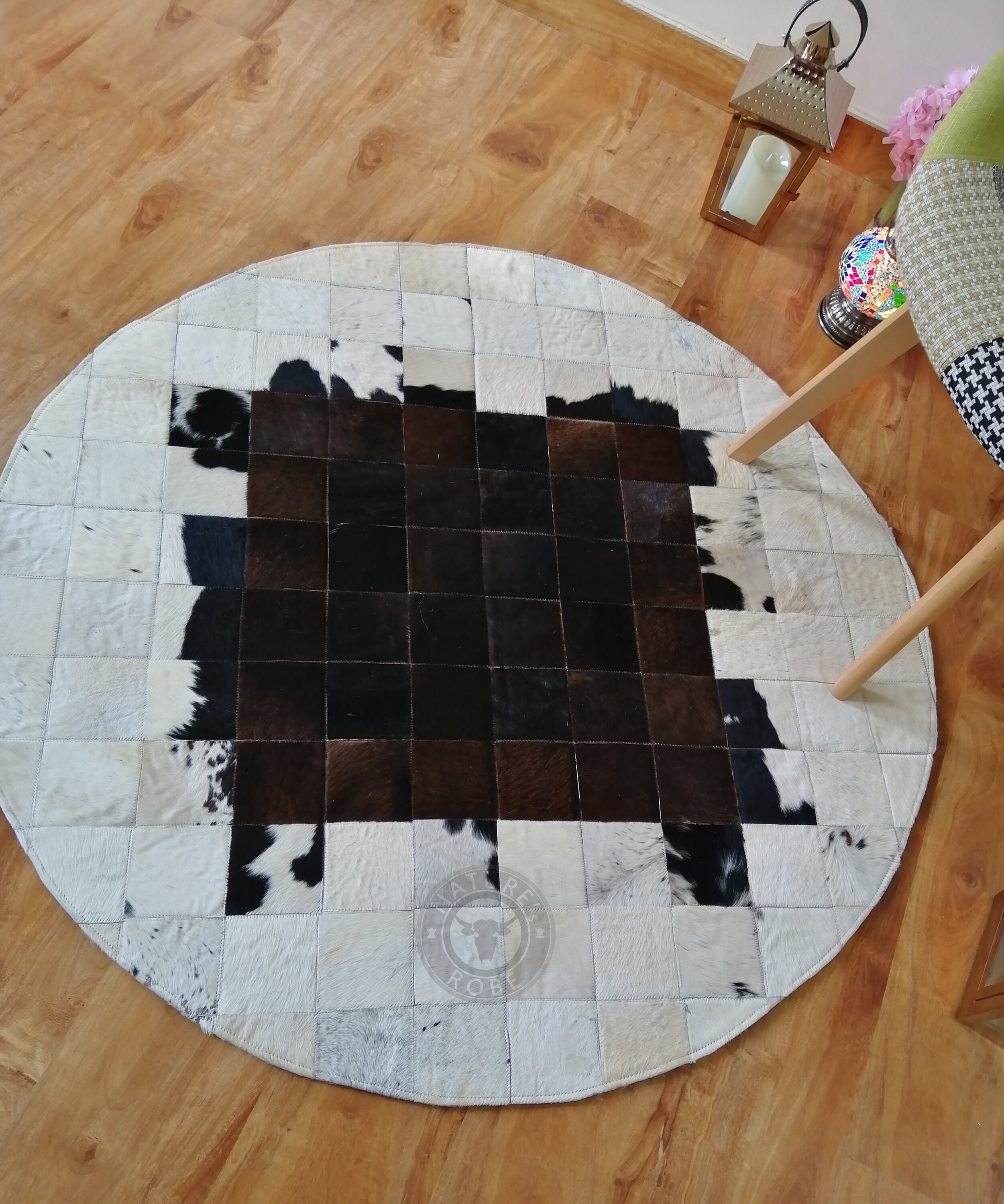 Cowhide Rug Patchwork tricolour Round brown black White Rug Etsy