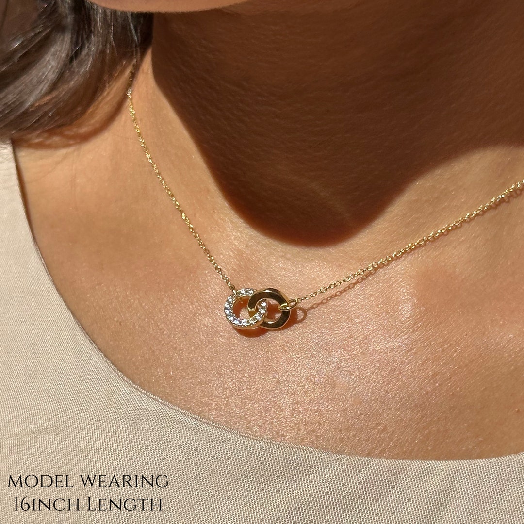 Diamond Interlocking Circle Necklace,gold Double Circle Necklace for