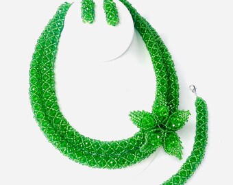 Green 3 Piece Beaded Jewelry Set