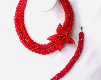 Red 3 Piece Beaded Jewelry Set