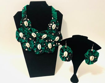 Ankara fabric and shell Necklace, Earrings