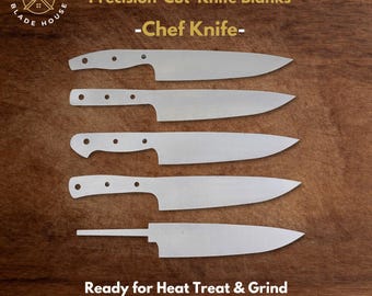 May include: Five silver-colored metal chef knife blanks arranged vertically. The text reads: Blade House, Precision-Cut Knife Blanks, Chef Knife, Ready for Heat Treat & Grind. Each blank features a pointed blade and a handle section with holes.