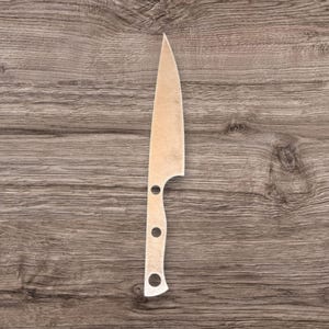 May include: A silver kitchen knife with a wooden handle and a slightly curved blade.