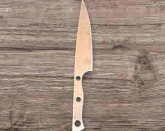 May include: A silver kitchen knife with a wooden handle and a slightly curved blade.