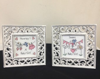 Metal framed wood trim wall decor baby girl nursery pictures-Set of 2