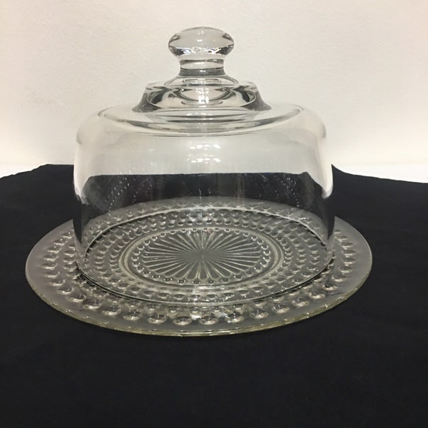 Small glass beaded cloche cheese plate with heavy glass dome