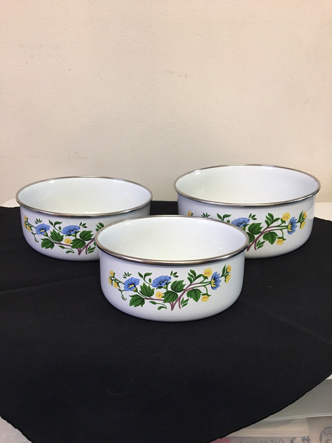 Kobe enamel/metal mixing bowls Floral Set of 3 Etsy