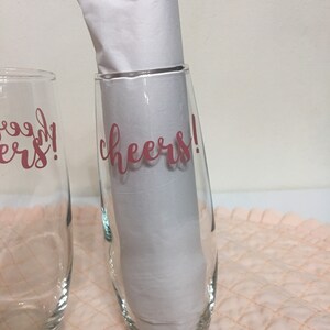 Stemless Champagne Flutes “Cheers” Pink Lettering-Set of 2