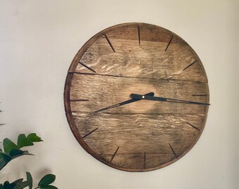 whiskey barrel clock wood, home bar decor, 5th anniversary gift for couple, reclaimed wood wall clock for kitchen, bourbon barrel decor