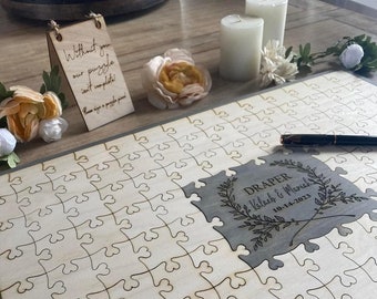 personalized wood puzzle guest book alternative wedding guest book ideas for graduation, custom wedding keepsake for bride, jigsaw puzzle