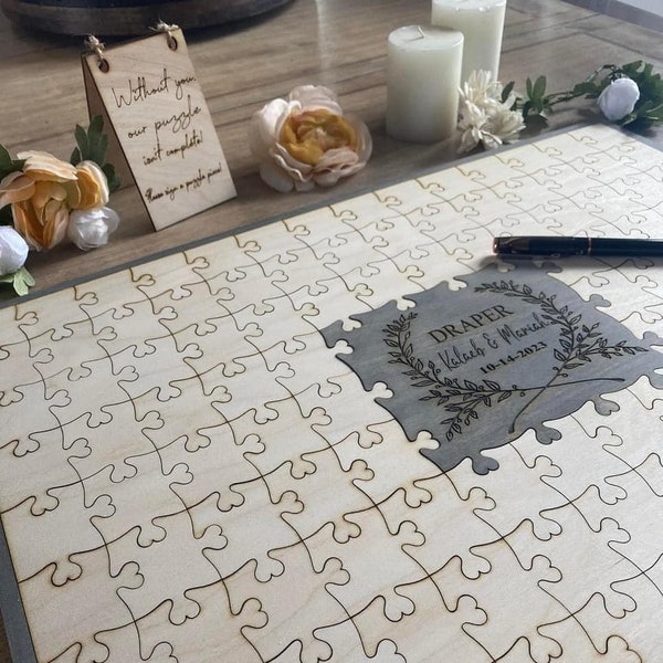 personalized wood puzzle guest book alternative wedding guest book ideas for graduation, custom wedding keepsake for bride, jigsaw puzzle