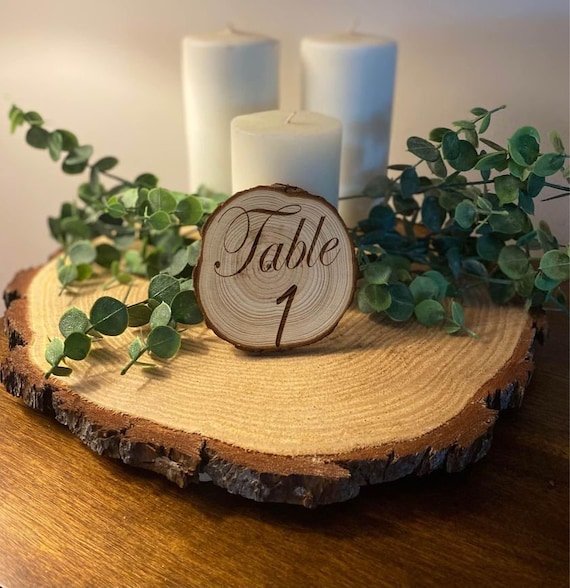 Table Numbers Wood Slice Centerpiece Set, Dried Eucalyptus for Wedding,  White Candles for Centerpieces, Rustic Wedding Centerpieces For 