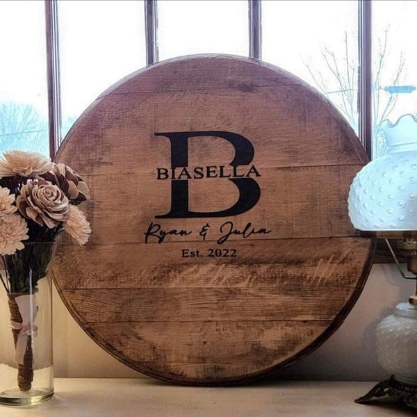 personalized bourbon barrel guest book alternative wedding sign in circle, custom wood guest book sign, rustic wedding keepsake for bride