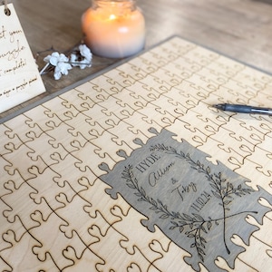 personalized wood puzzle guest book alternative wedding guest book ideas for graduation, custom wedding keepsake for bride, jigsaw puzzle
