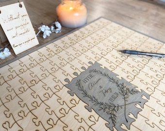 personalized wood puzzle guest book alternative wedding guest book ideas for graduation, custom wedding keepsake for bride, jigsaw puzzle