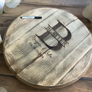 personalized bourbon barrel guest book alternative wedding sign in circle, custom wood guest book sign, rustic wedding keepsake for bride