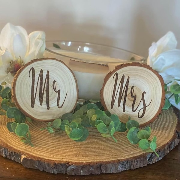 Signe de table Mr et Mme pour mariage, décor de mariage Mme et Mme, décorations de table chérie, décor de table de mariage gay Mr et Mr, tranche de bois