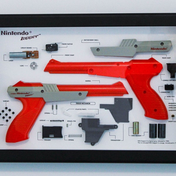 Framed NES Zapper Light Gun Disassembled Game Controller Wall Art Gifts Wall Decor Home NES Retro Gaming | Diorama | Shadow Box | Tear Down