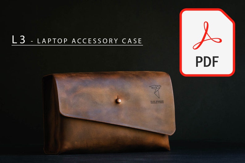 May include: A brown leather laptop accessory case with a flap closure and a small metal button. The case has a logo that says "Blue Sparrow Handmade in India".