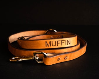 Handmade, Custom dog leash and name tag, 5ft, 1.6m, with carabiner,  full grain leather, Adjustable length, Personalized