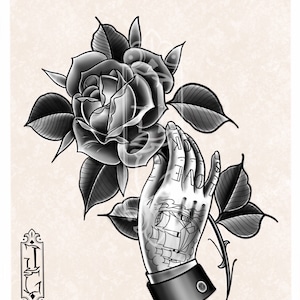 Puede incluir: Diseño de tatuaje en blanco y negro de una mano sosteniendo una rosa con la palabra "LOVE" tatuada en la mano.
