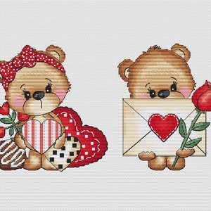 Bears cross stitch pattern PDF, handmade Valentines Day cross stitch, love cross stitch, Heart cross stitch chart