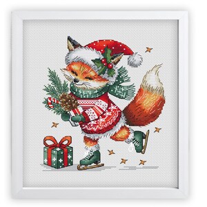 Volpe con maglione, schema punto croce, ricamo invernale a mano, download immediato del file digitale PDF, decorazioni natalizie per la casa, ornamento
