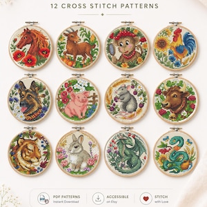 May include: A collection of 12 cross-stitch patterns featuring the Chinese Zodiac animals, each displayed in a round wooden hoop. The designs include a horse, goat, monkey, rooster, dog, pig, rat, ox, tiger, rabbit, dragon, and snake. The text "Chinese Zodiac" and "12 Cross Stitch Patterns" are at the top.