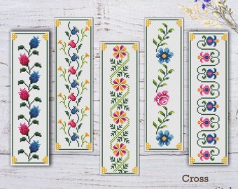 Patrón de punto de cruz para marcapáginas floral: Bordado floral fácil (descarga digital)