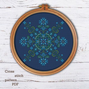 Blue-Green Mandala Cross Stitch Pattern: Geometric Design (PDF)