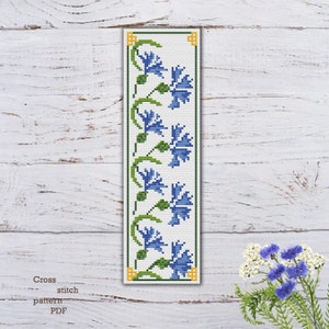 Marcapáginas de aciano: Patrón de punto de cruz: Diseño floral (Patrón PDF)