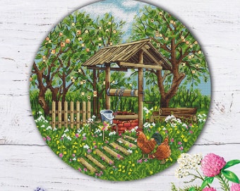 Patrón de punto de cruz de Aldea de Verano: Pozo de jardín (Patrón PDF)