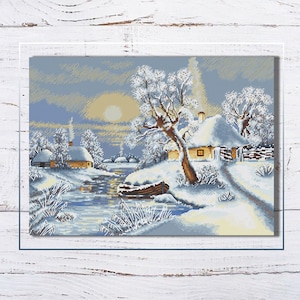 Winter Sunset Cross Stitch Pattern PDF – Snowy Landscape Embroidery – Peaceful Nature Scene – Instant Download